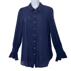 Maeve Anthropologie Navy Blue Ruffled Bell Cuff Button Down Blouse Top Size 8